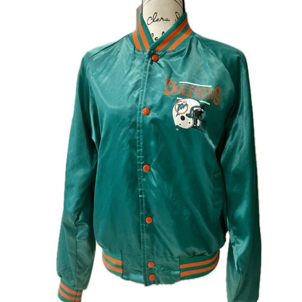 NFL MIAMI DOLPHINS VINTAGE 80’ RETRO BOMBER SATIN JACKET TEAL/ORANGE Sz L TRENDY